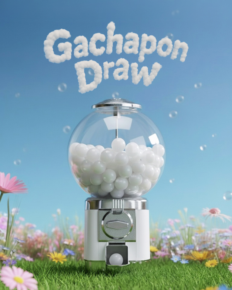 Studio Qiling Gachapon draw ticket for sure-win promo, featuring colorful capsule machine with tokens and prize options.