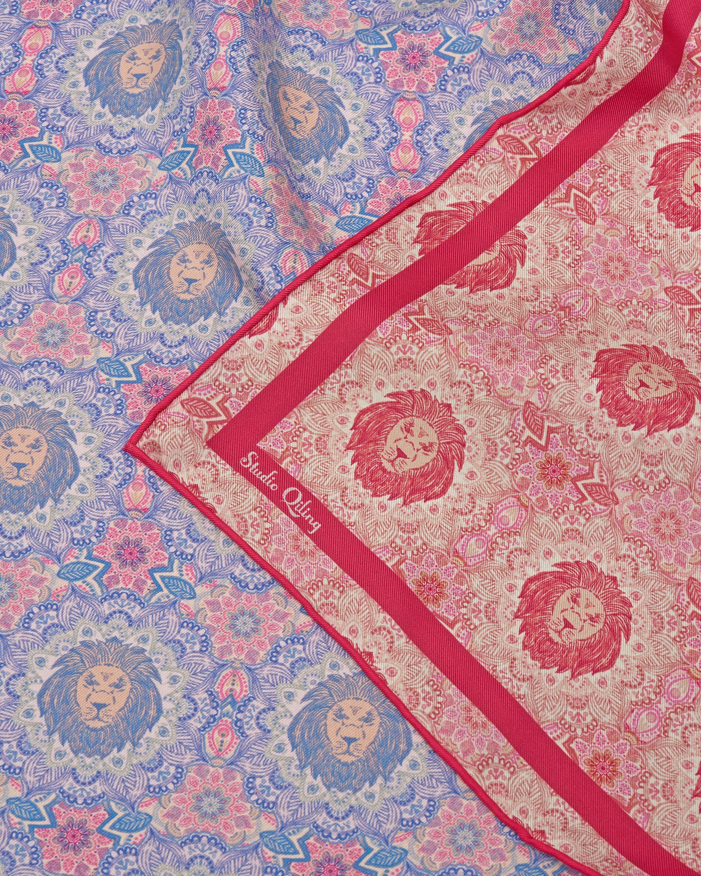 Lion Mandala Rose Blue Double Side Silk Scarf 65