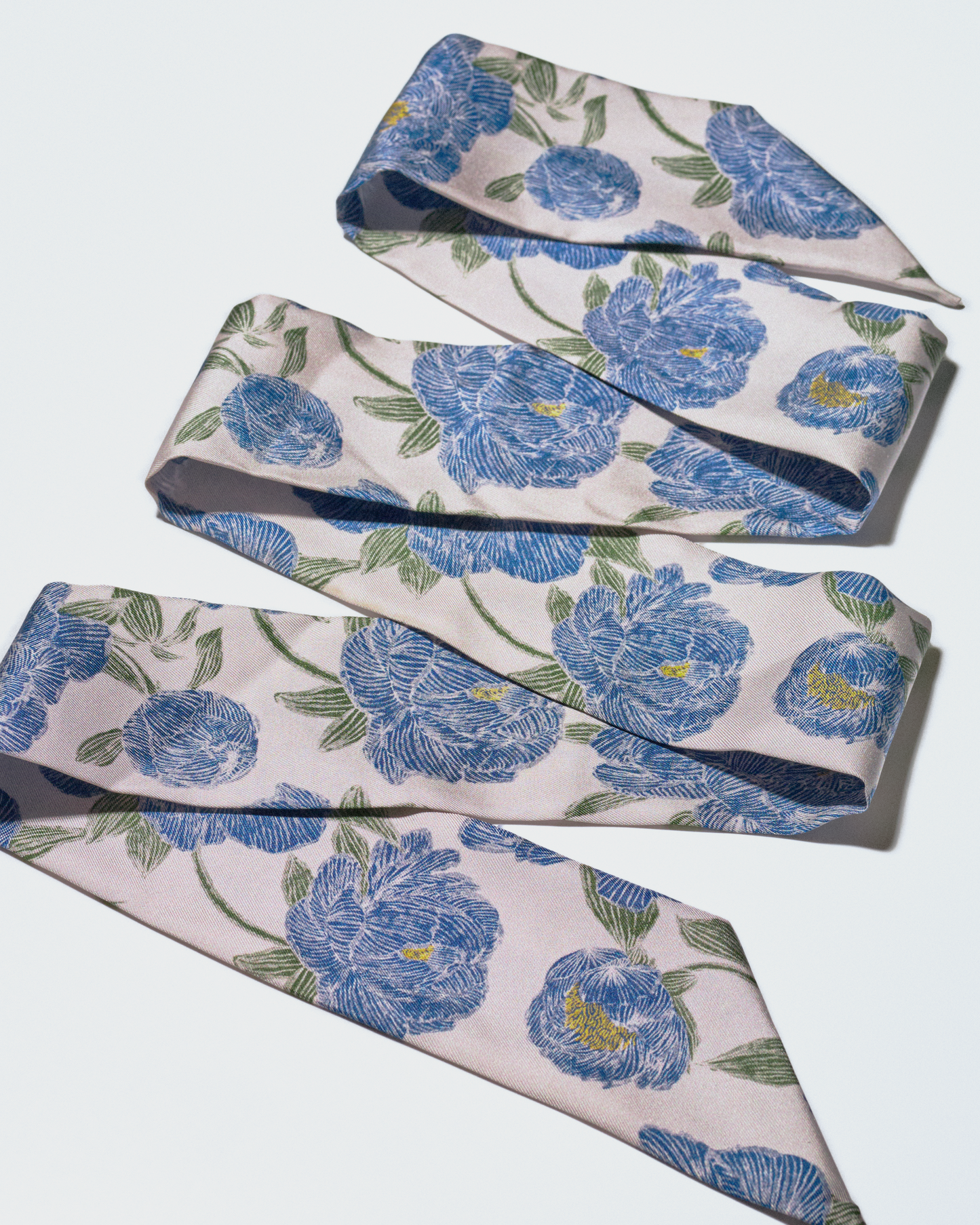 Silk twilly in blue floral peony hand-illustrated print