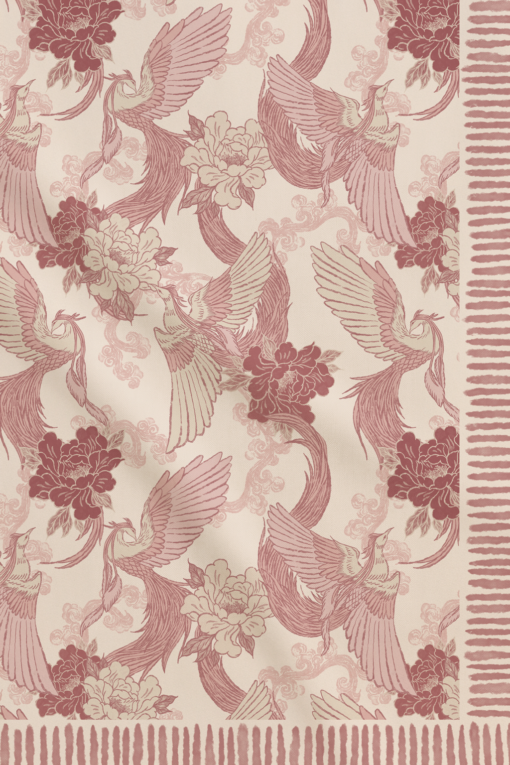 Shawl with hand-drawn Phoenix print in rose and white colour