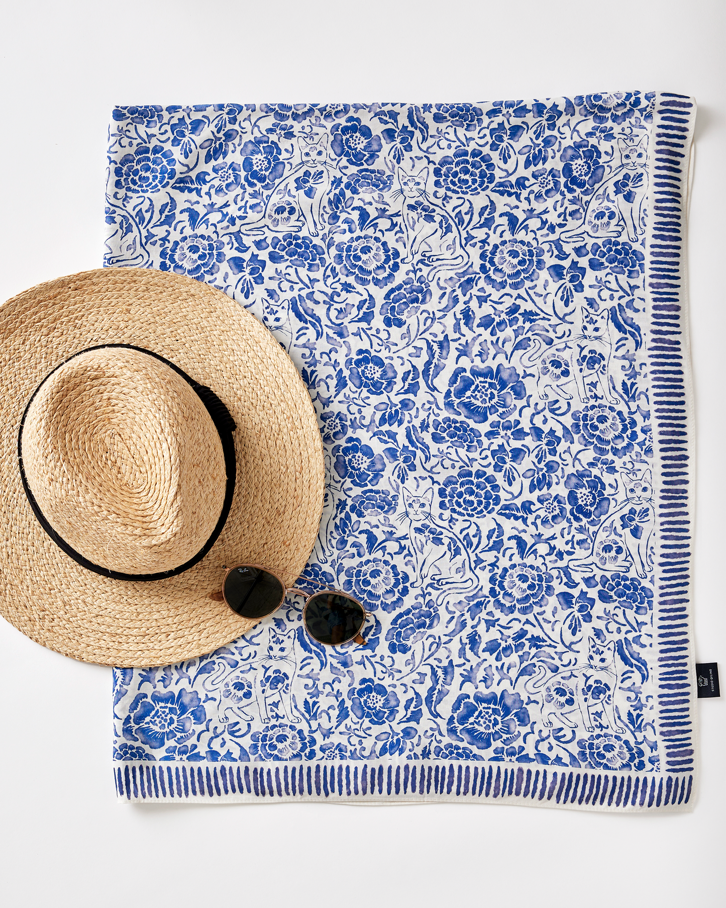Porcelain Cat Classic pareo laid flat — Studio Qiling hand-drawn Peranakan cat print luxury resort beach wrap Singapore