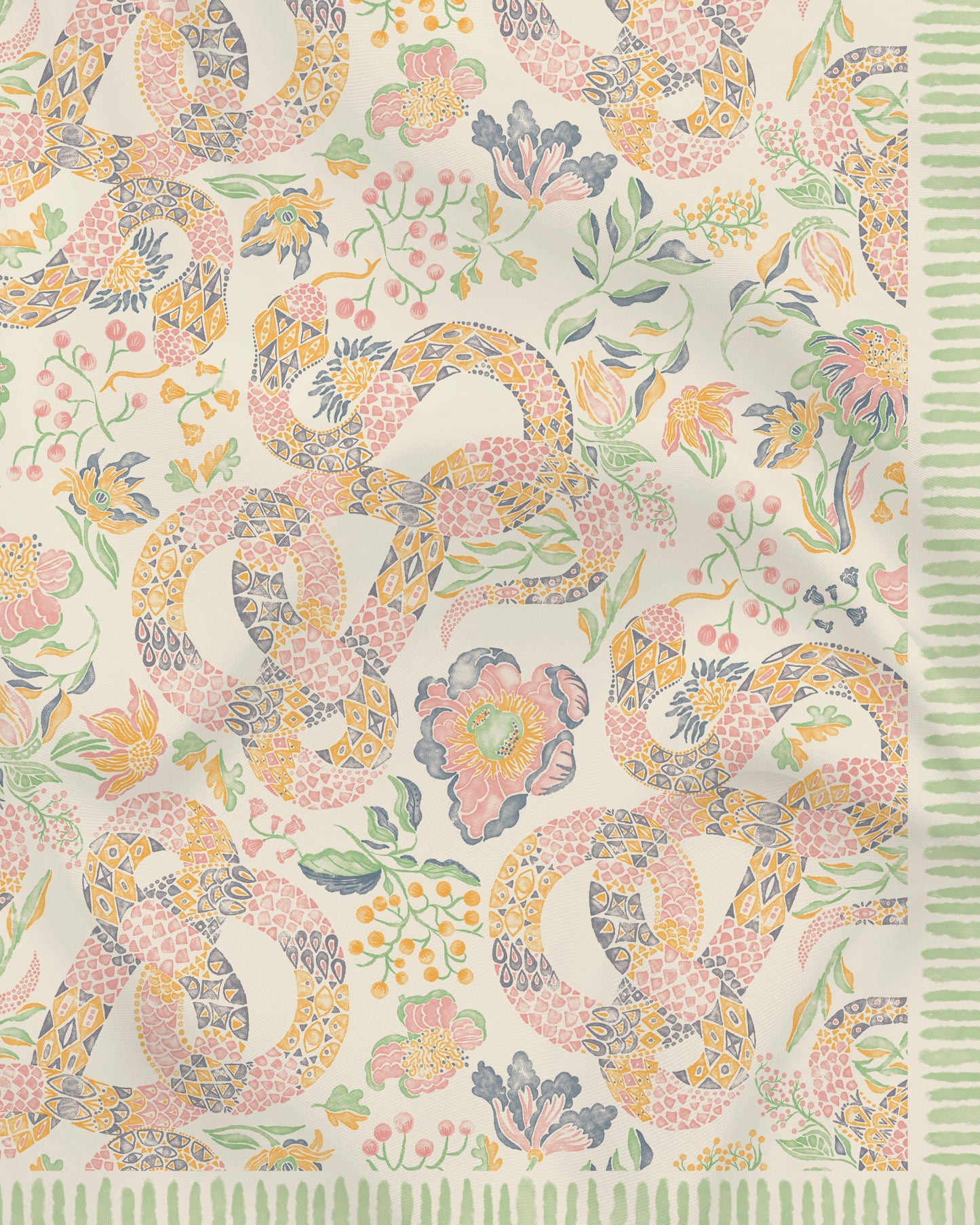 Serpentine Spring pareo laid flat — Studio Qiling hand-drawn mythical creature luxury beach wrap Singapore