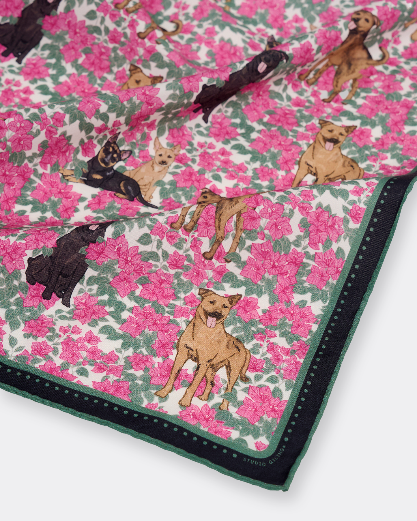 Woman wearing the Singapore Special Magenta silk-cotton bandana as a neck scarf — Studio Qiling hand-drawn Singapore Special dog bandana Singapore