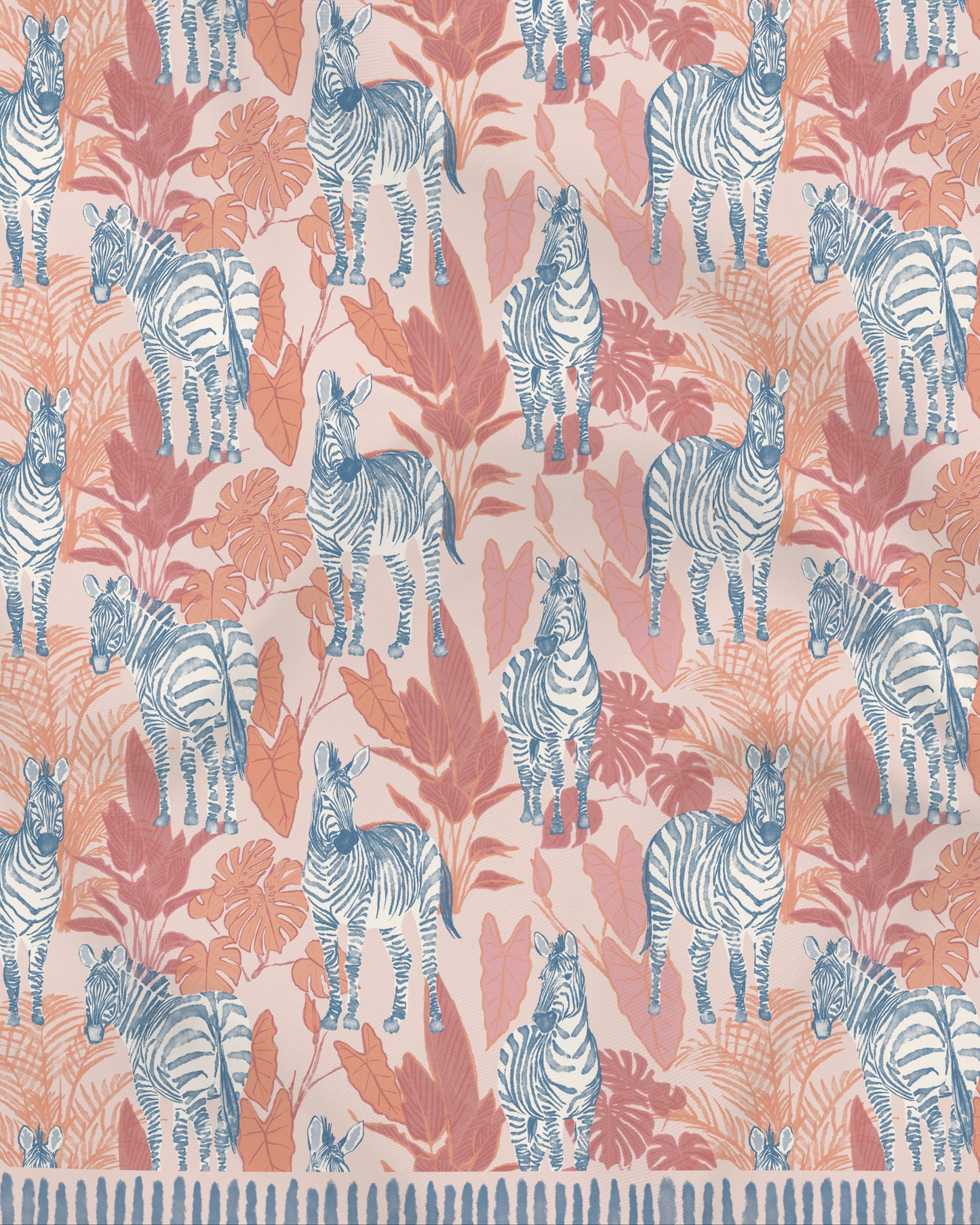 Zebra Sunset pareo laid flat — Studio Qiling hand-drawn zebra print luxury resort beach wrap Singapore