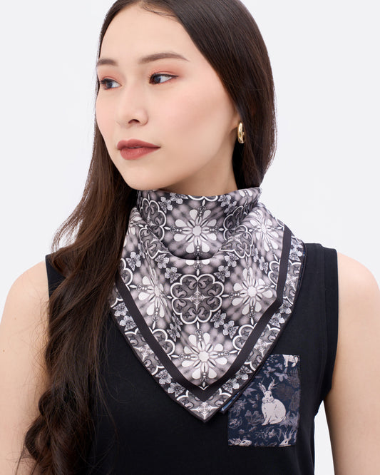 Peranakan Orchid Navy Ink Double Side Silk Scarf 65