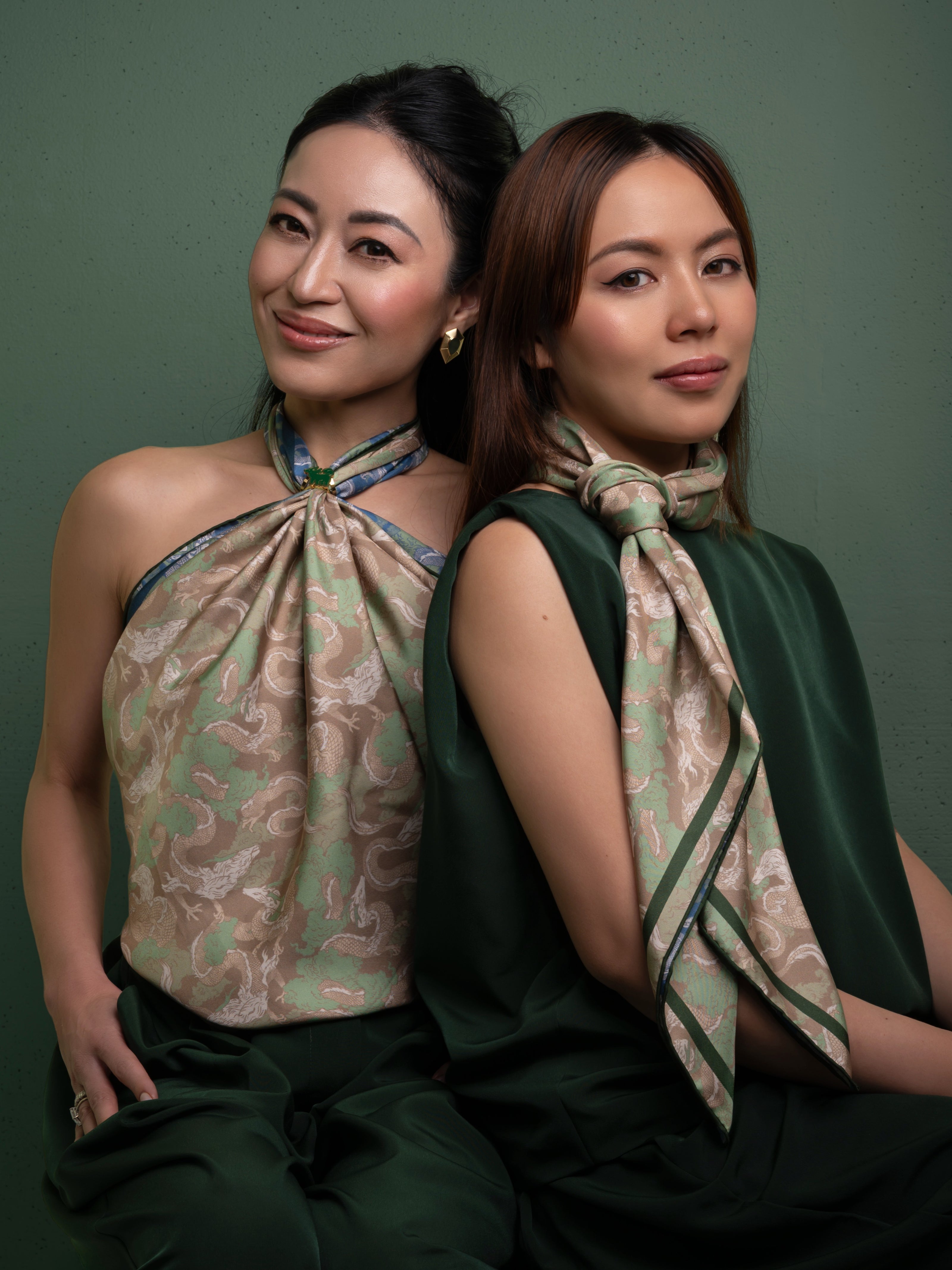 Dragon jade blue double side silk scarf worn as a top and as a scarf