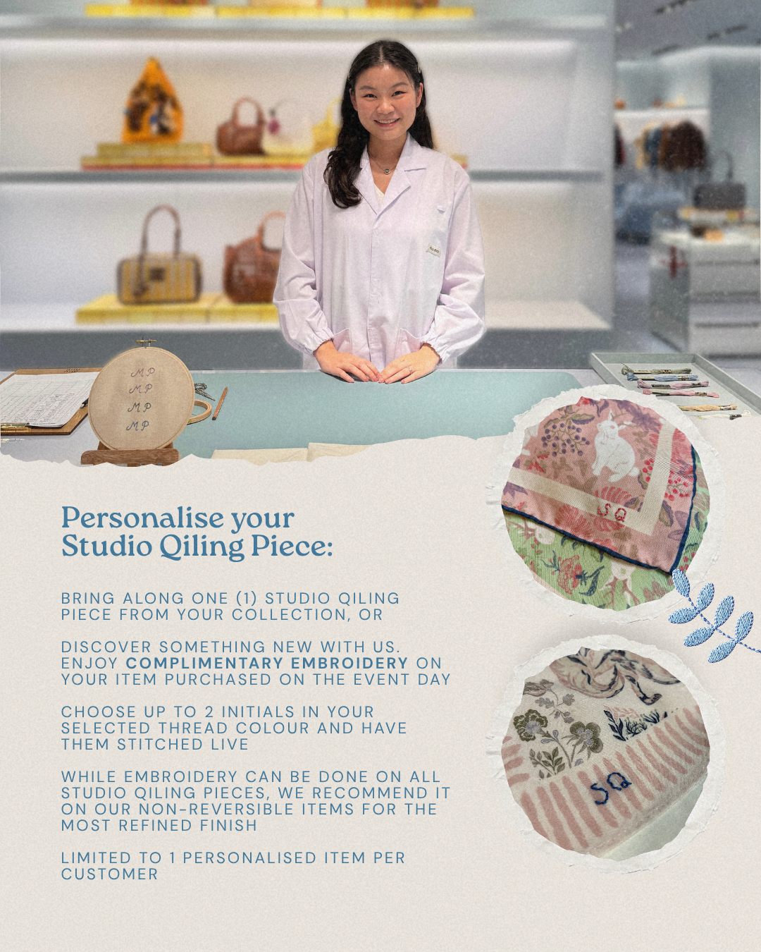 Embroidery artist personalising a Studio Qiling silk scarf with hand embroidery — wearable art personalisation Singapore