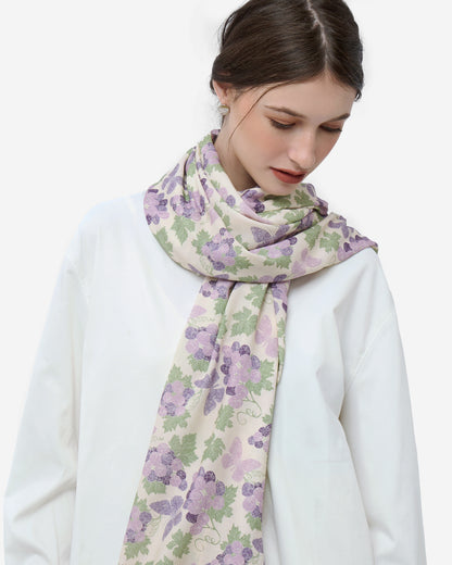 Amethyst Grapes Vanilla pareo with hand-drawn grape clusters and butterfly motif — Studio Qiling luxury artist print beach wrap Singapore