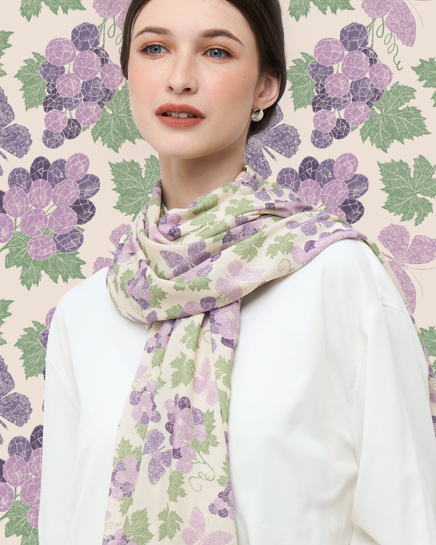 Amethyst Grapes Vanilla pareo styled as a sarong skirt — Studio Qiling wearable art luxury beach wrap Singapore