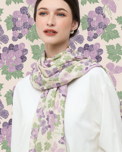 Amethyst Grapes Vanilla pareo styled as a sarong skirt — Studio Qiling wearable art luxury beach wrap Singapore