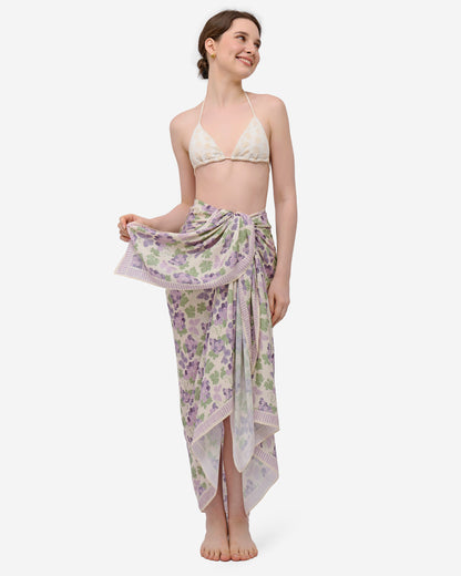 Close-up of hand-drawn amethyst grapes and butterfly print on Vanilla pareo — Studio Qiling luxury artist print beach wrap Singapore