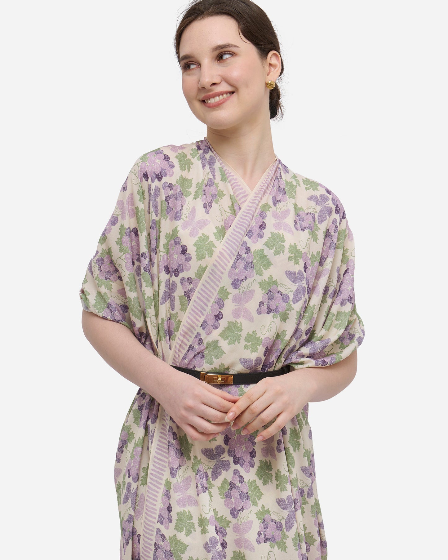 Amethyst Grapes Vanilla pareo styled as a dress — Studio Qiling hand-drawn grape print luxury resort beach wrap Singapore