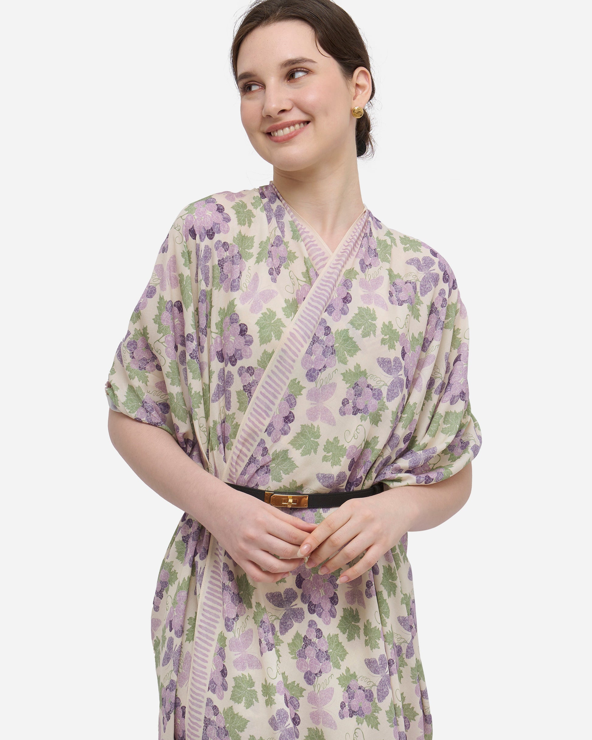 Amethyst Grapes Vanilla pareo styled as a dress — Studio Qiling hand-drawn grape print luxury resort beach wrap Singapore