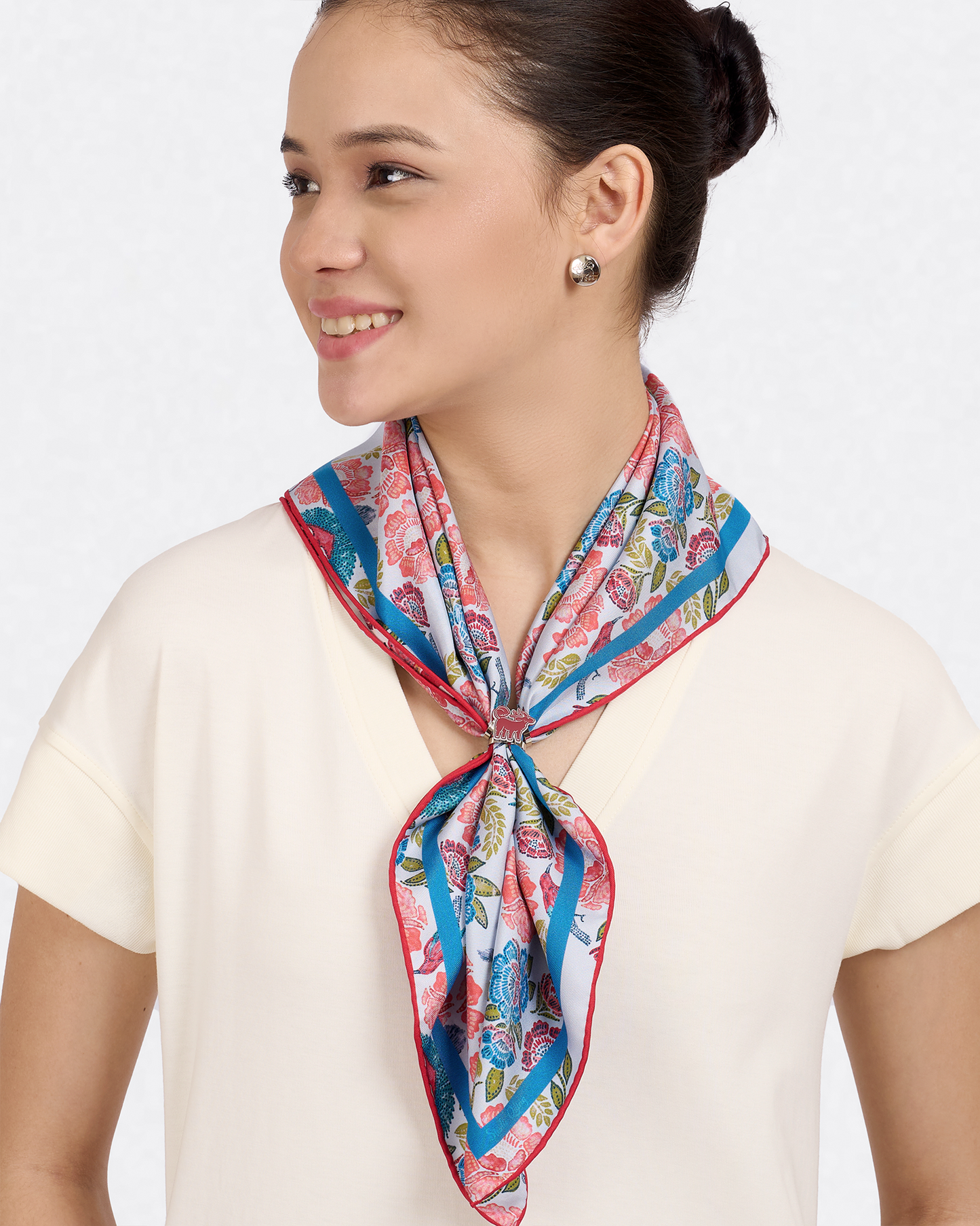 Crimson Sunbird Scarlet Sky 65cm silk scarf worn as a headscarf — Studio Qiling hand-drawn Crimson Sunbird luxury scarf Singapore