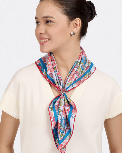 Crimson Sunbird Scarlet Sky 65cm silk scarf worn as a headscarf — Studio Qiling hand-drawn Crimson Sunbird luxury scarf Singapore