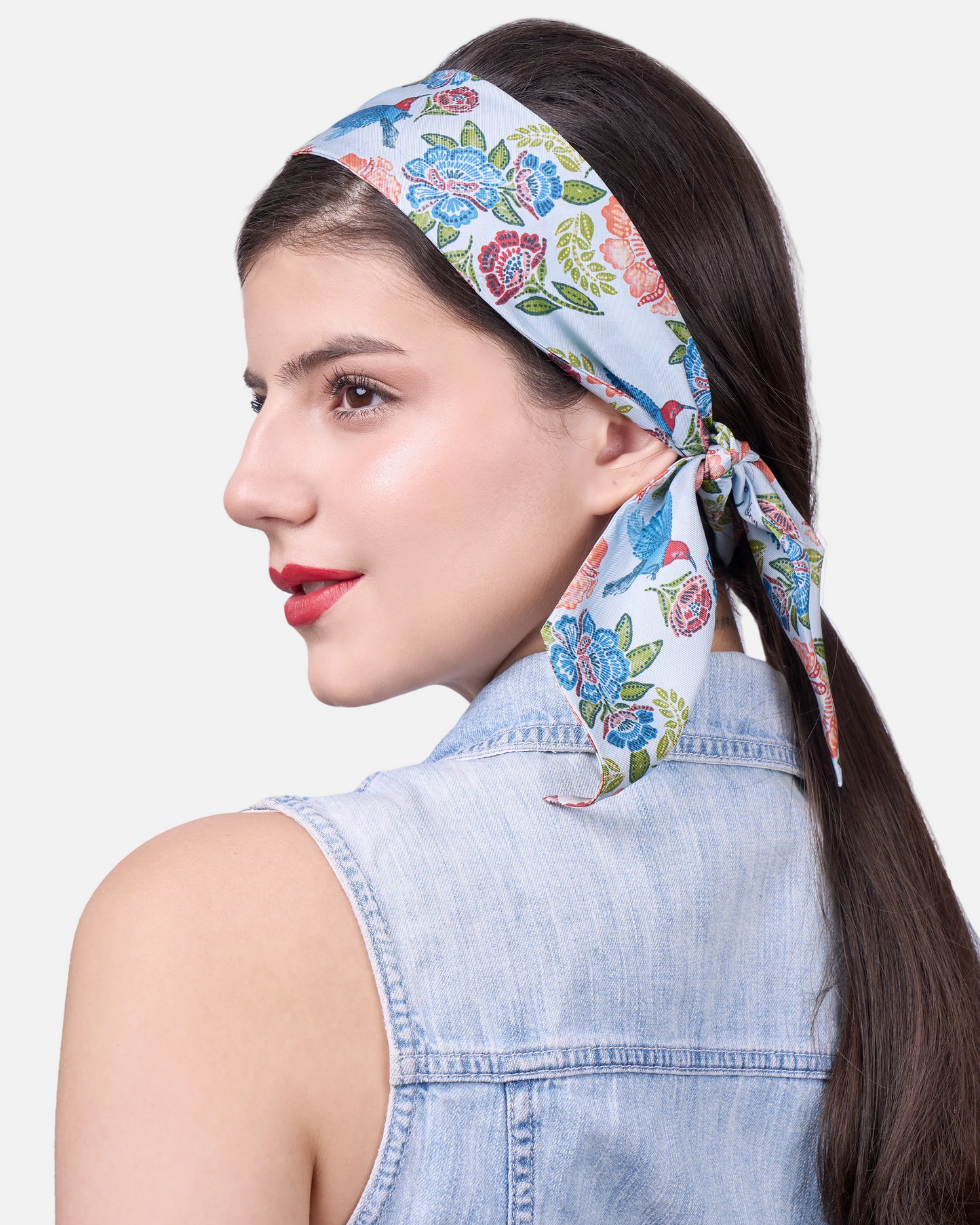Crimson Sunbird Sky silk bandeau with hand-drawn batik-inspired Sunbird motif — Studio Qiling luxury silk hair scarf Singapore