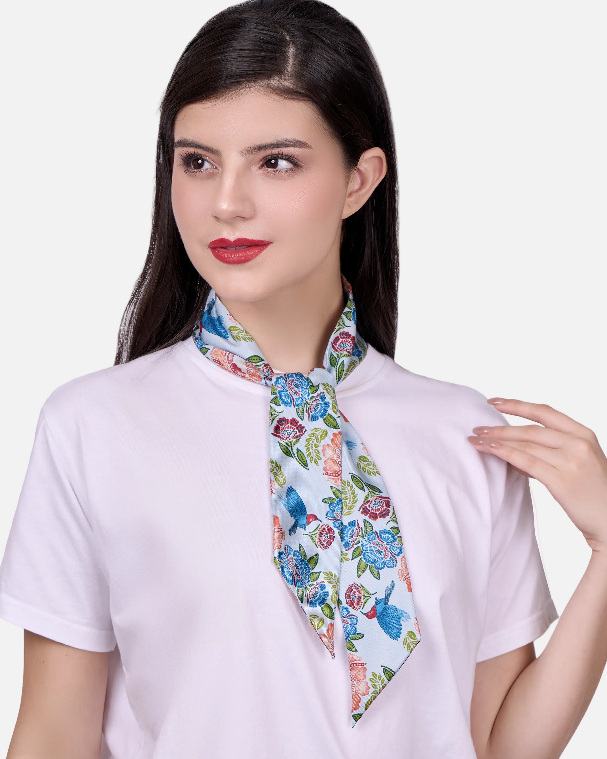 Crimson Sunbird Sky silk bandeau laid flat — Studio Qiling hand-drawn batik-inspired Sunbird print luxury silk hair accessory Singapore