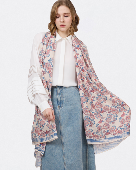 Crimson Sunbird Spring pareo with hand-drawn Crimson Sunbird and batik florals — Studio Qiling luxury print sarong Singapore