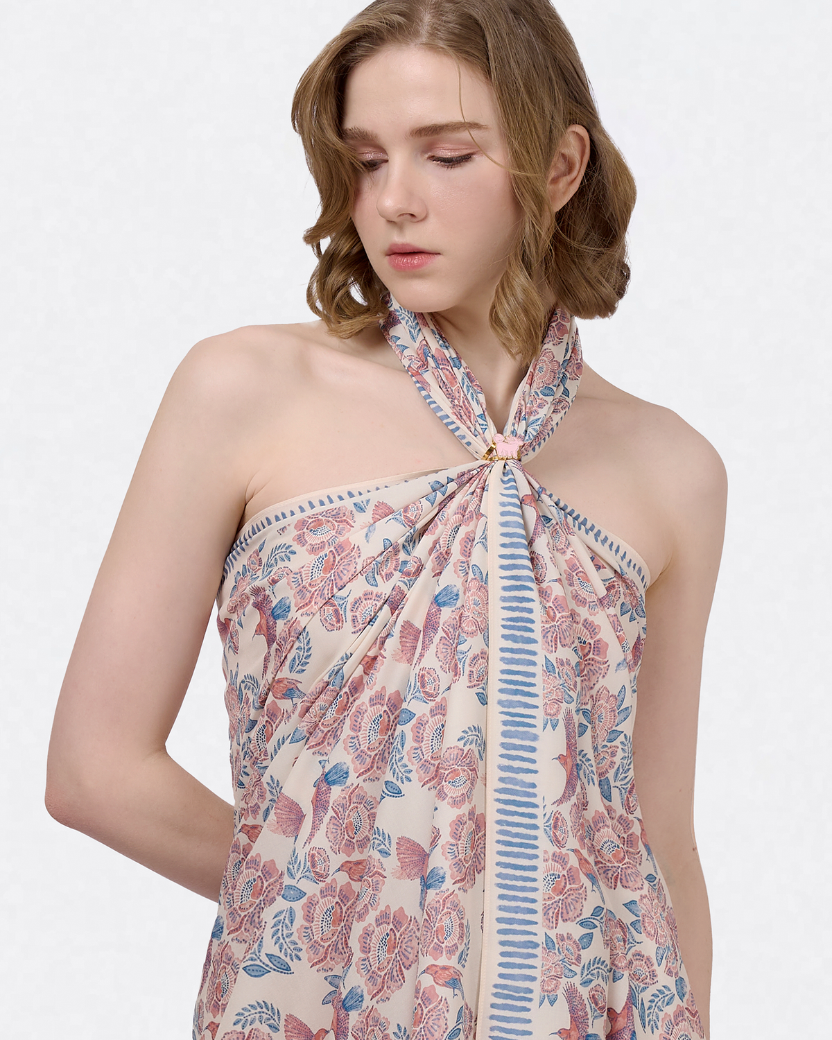 Woman wearing the Crimson Sunbird Spring pareo as a dress — Studio Qiling hand-drawn Crimson Sunbird beach cover-up Singapore