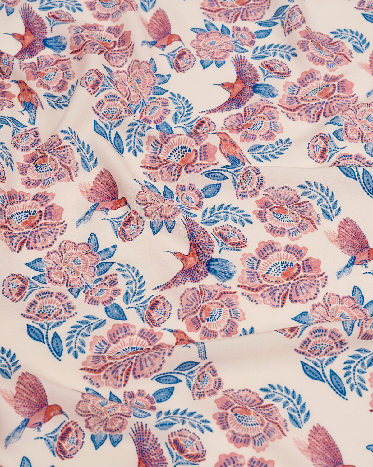 Crimson Sunbird Spring pareo laid flat showing the full print — Studio Qiling luxury print sarong Singapore