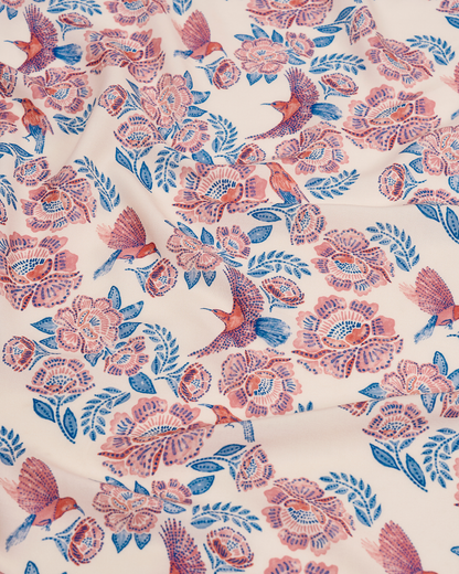 Crimson Sunbird Spring pareo laid flat showing the full print — Studio Qiling luxury print sarong Singapore