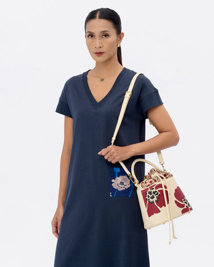 Dancing Poppies Marquetry Bucket Bag Ivory
