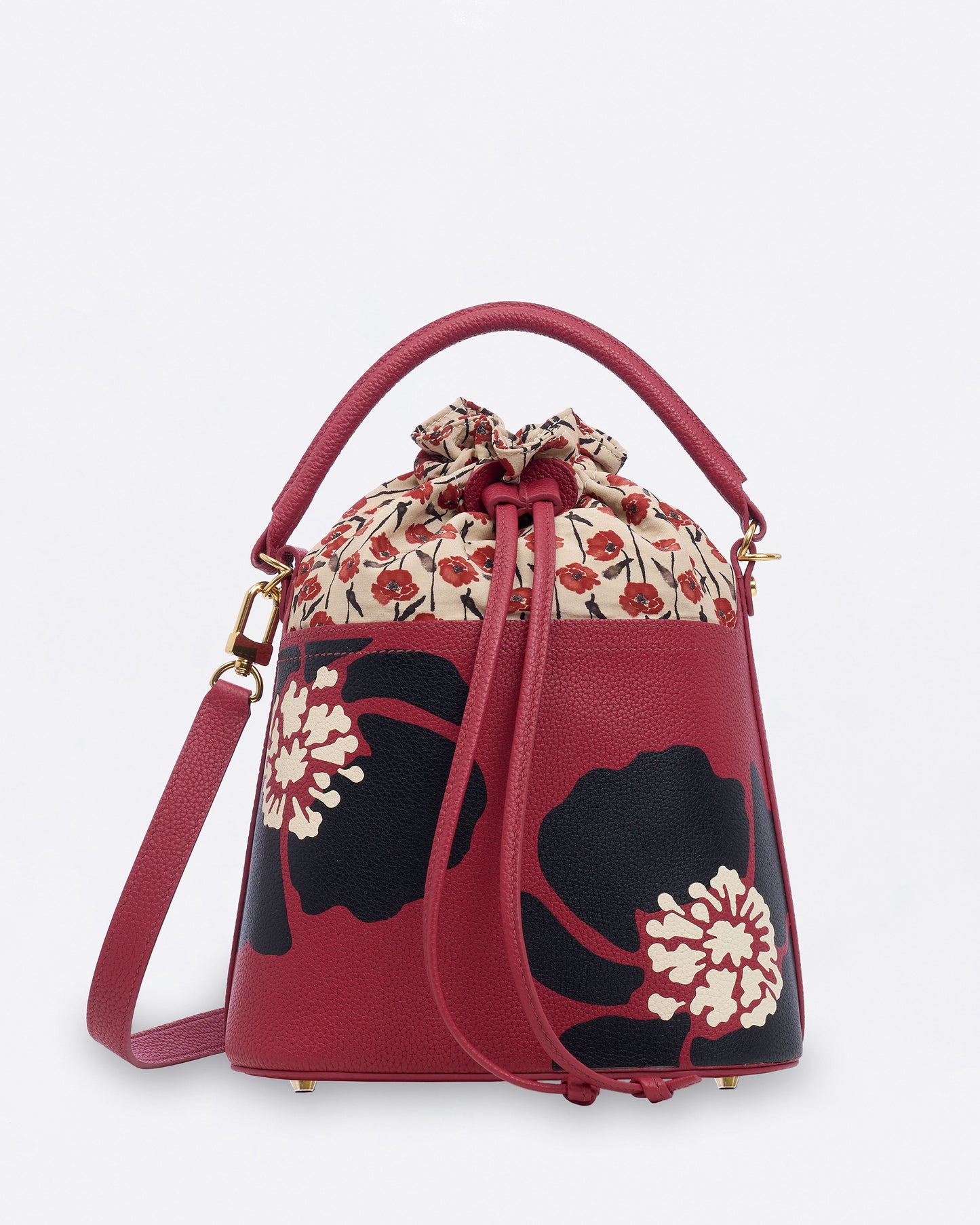 Dancing Poppies Marquetry Bucket Bag Red