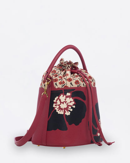Dancing Poppies Marquetry Bucket Bag Red