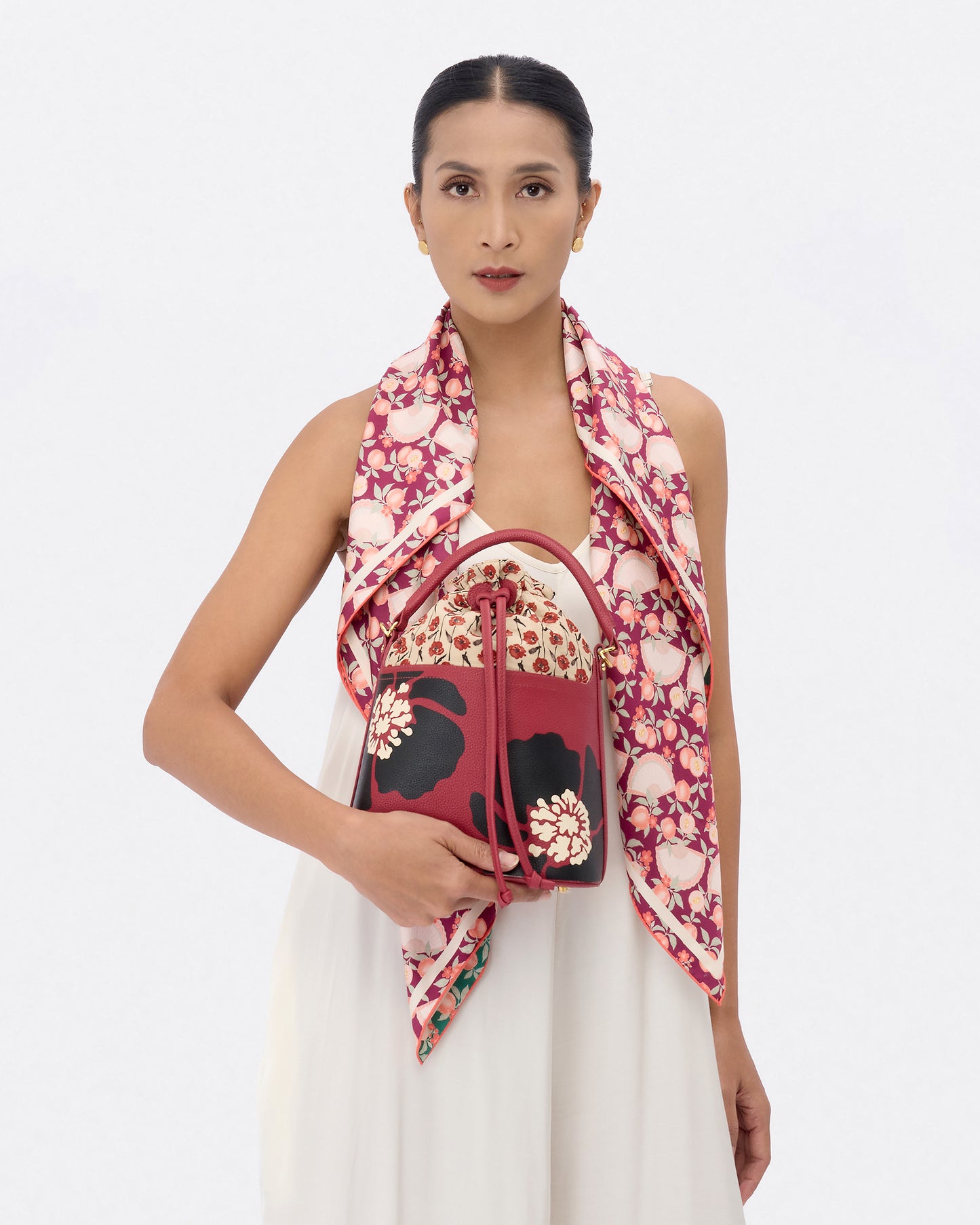 Dancing Poppies Marquetry Bucket Bag Red