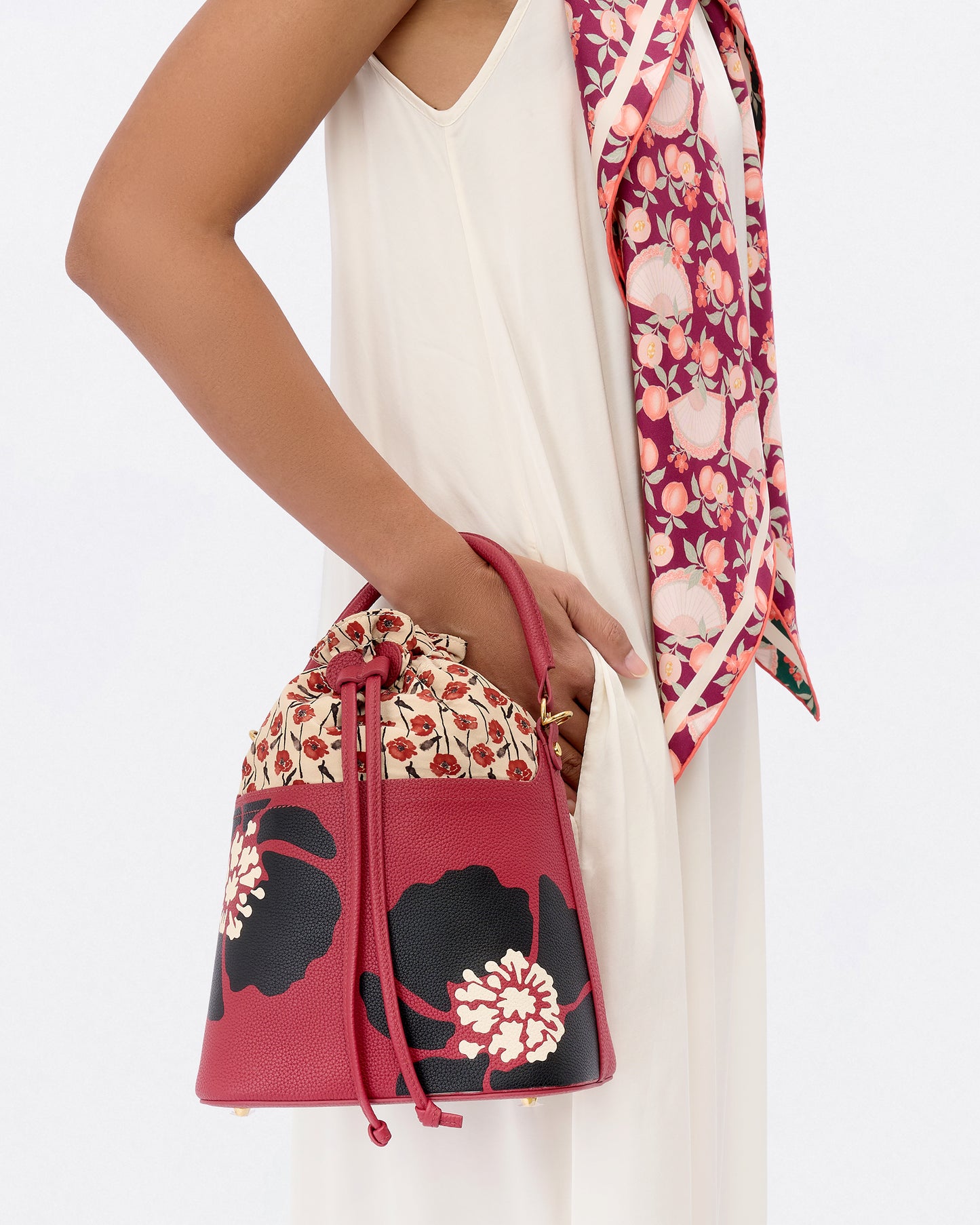 Dancing Poppies Marquetry Bucket Bag Red