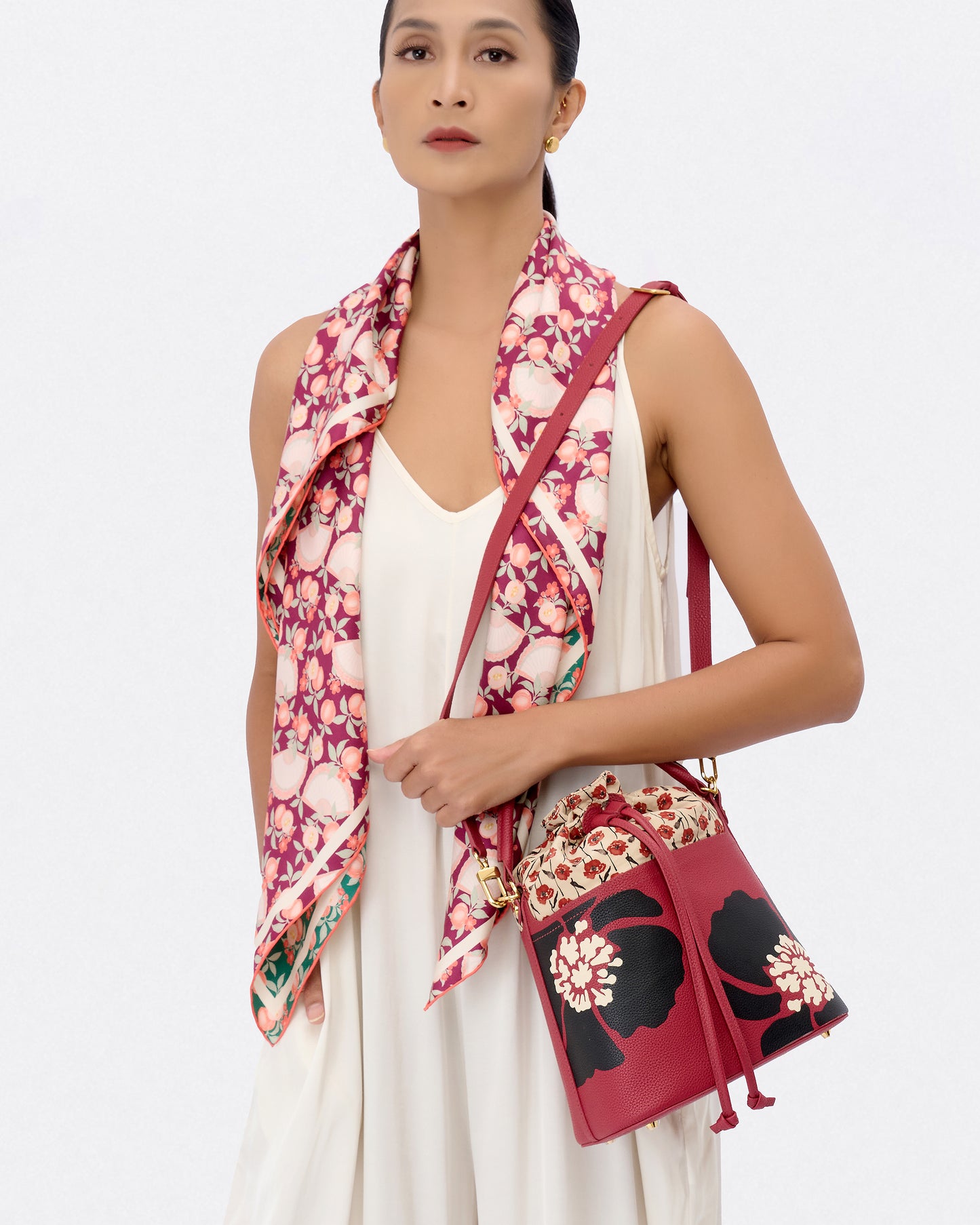 Dancing Poppies Marquetry Bucket Bag Red