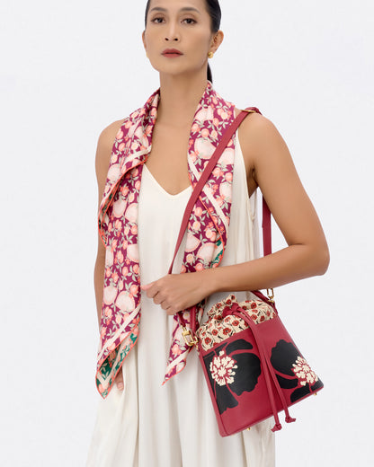 Dancing Poppies Marquetry Bucket Bag Red