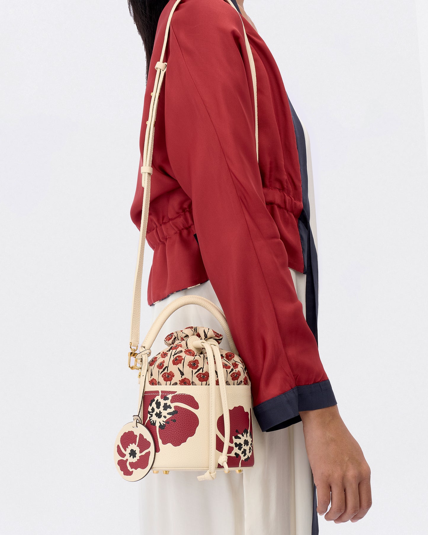 Dancing Poppies Marquetry Mini Bucket Bag Ivory