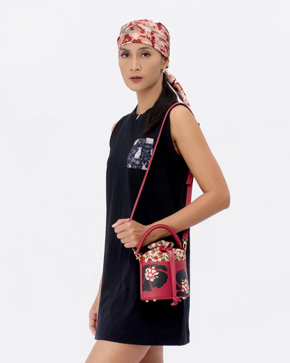 Dancing Poppies Marquetry Mini Bucket Bag Red