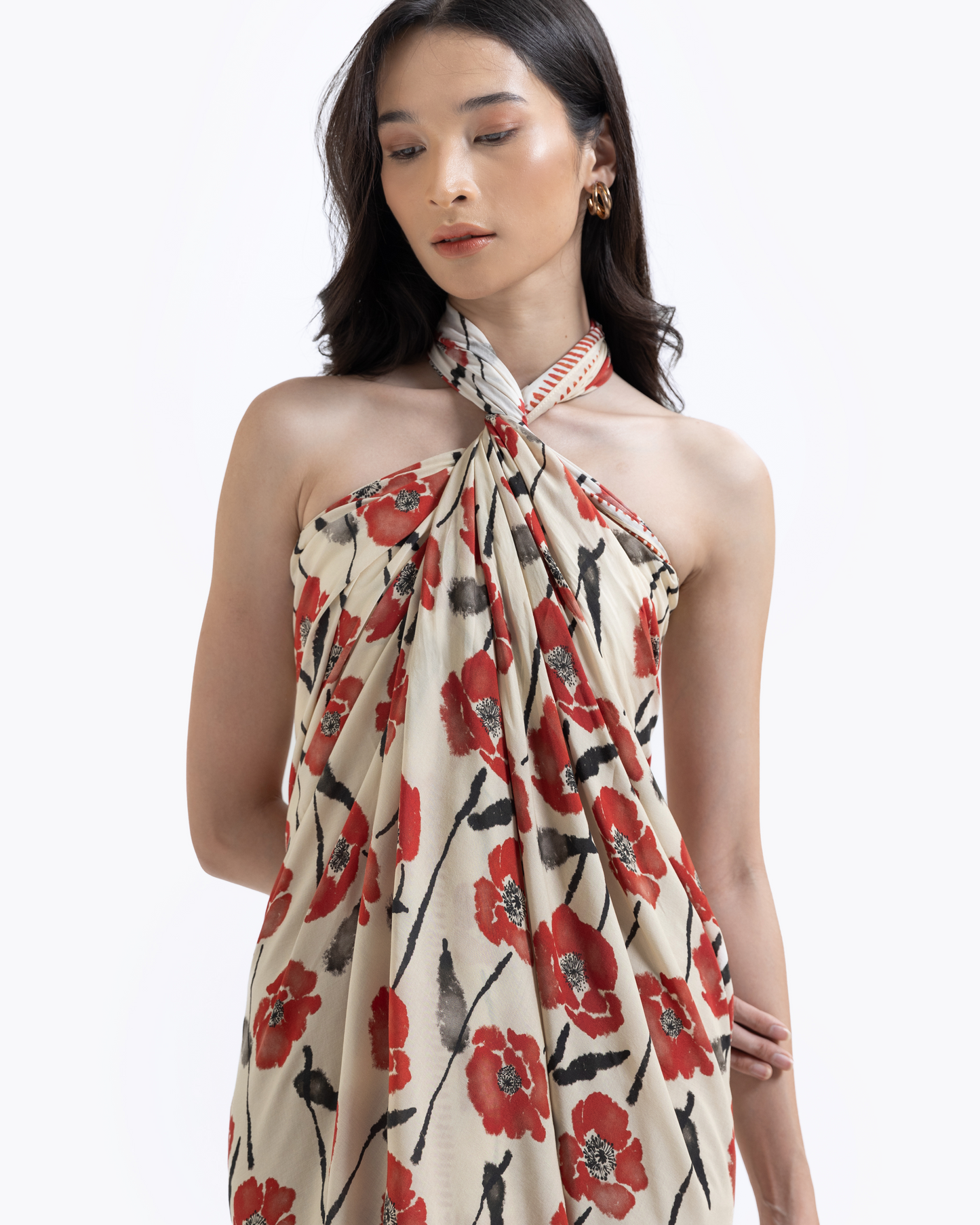 Dancing Poppies Mod pareo with hand-drawn poppy floral print — Studio Qiling luxury artist print beach wrap Singapore