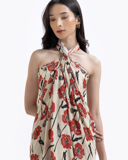 Dancing Poppies Mod pareo with hand-drawn poppy floral print — Studio Qiling luxury artist print beach wrap Singapore