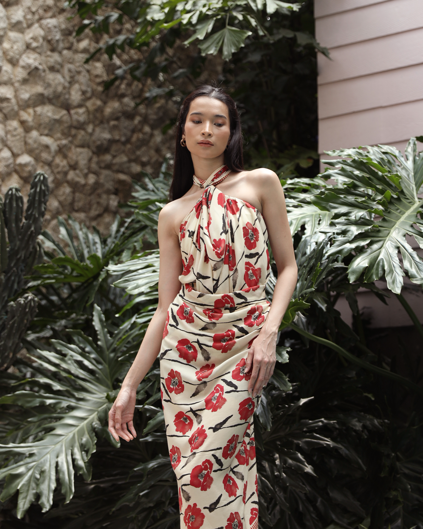 Woman wearing Dancing Poppies Mod pareo as a strapless dress — Studio Qiling wearable art luxury pareo Singapore