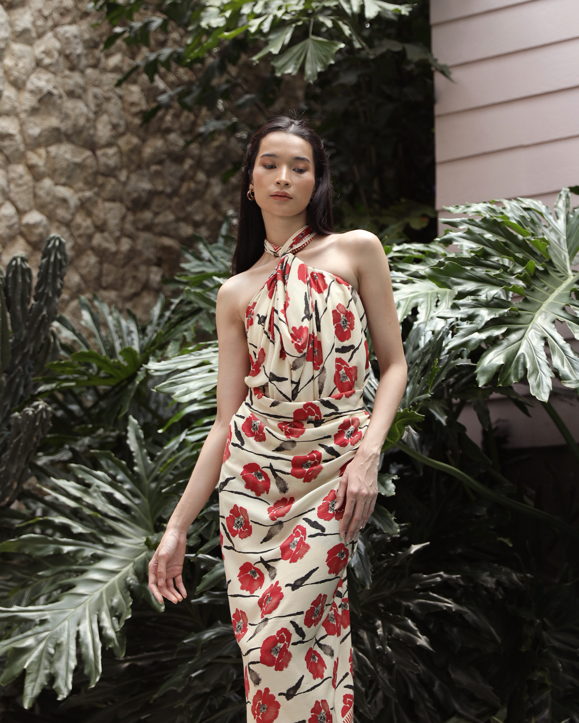 Woman wearing Dancing Poppies Mod pareo as a strapless dress — Studio Qiling wearable art luxury pareo Singapore
