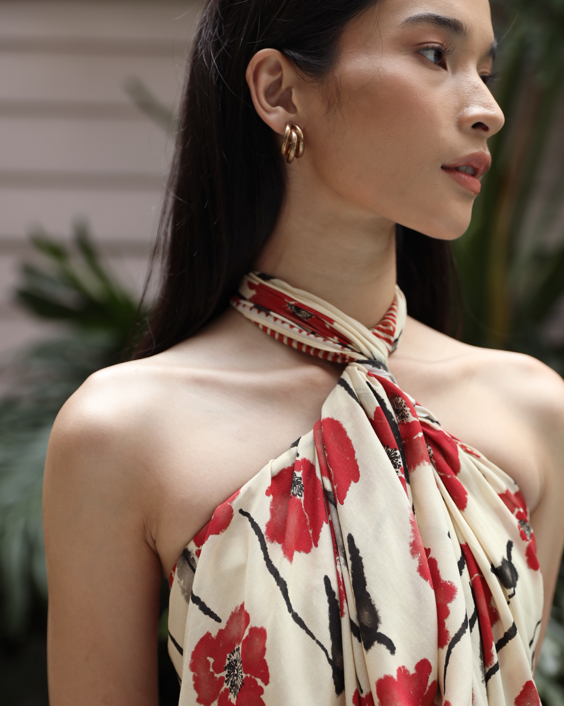 Dancing Poppies Mod pareo laid flat — Studio Qiling hand-drawn poppy print luxury resort beach wrap Singapore