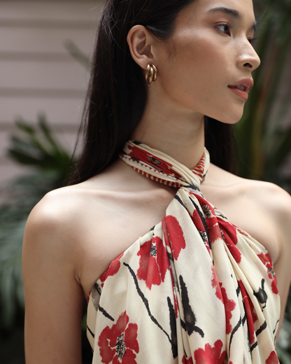 Dancing Poppies Mod pareo laid flat — Studio Qiling hand-drawn poppy print luxury resort beach wrap Singapore