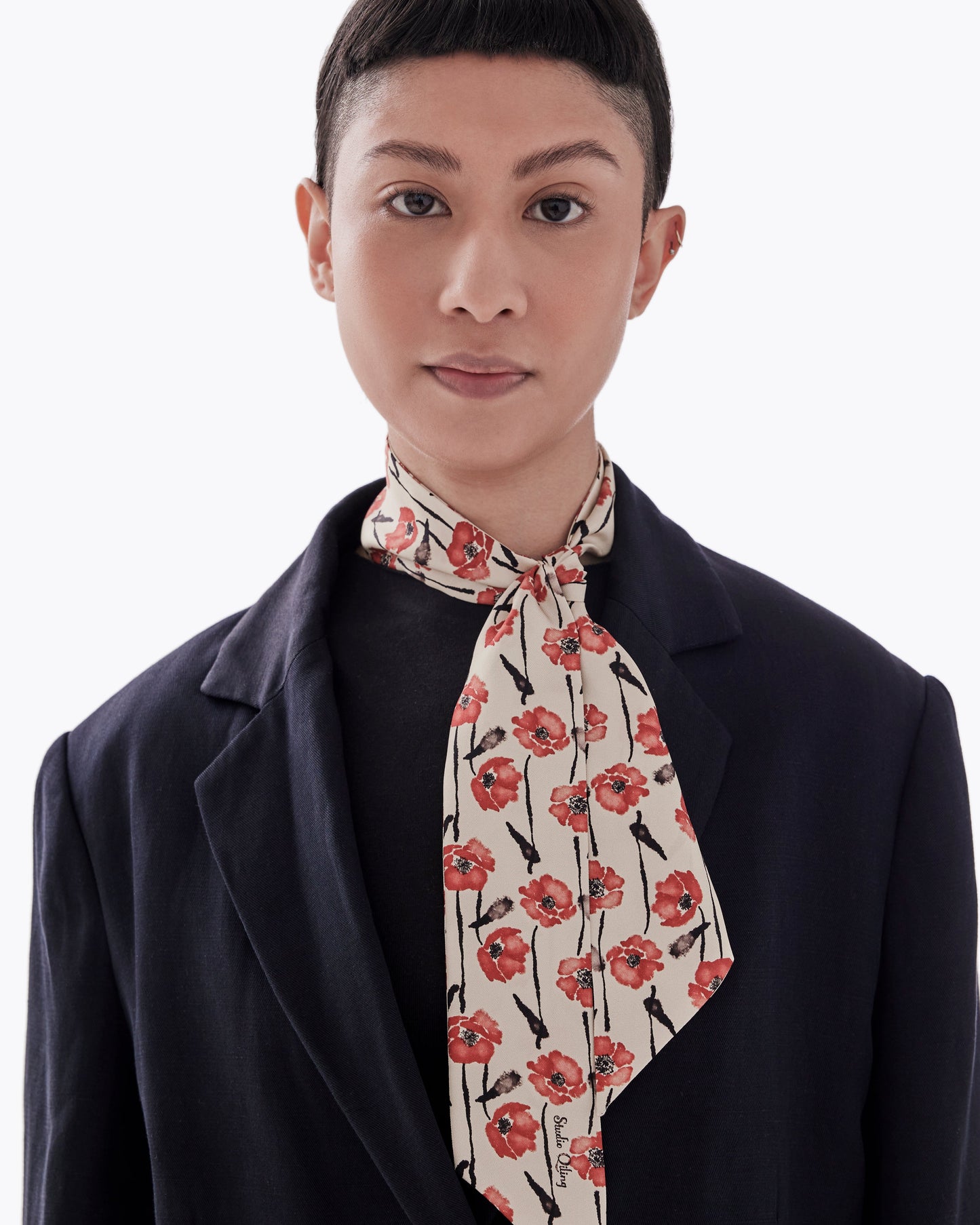 Dancing Poppies Mod silk bandeau styled as a neck scarf — Studio Qiling wearable art luxury silk bandeau Singapore