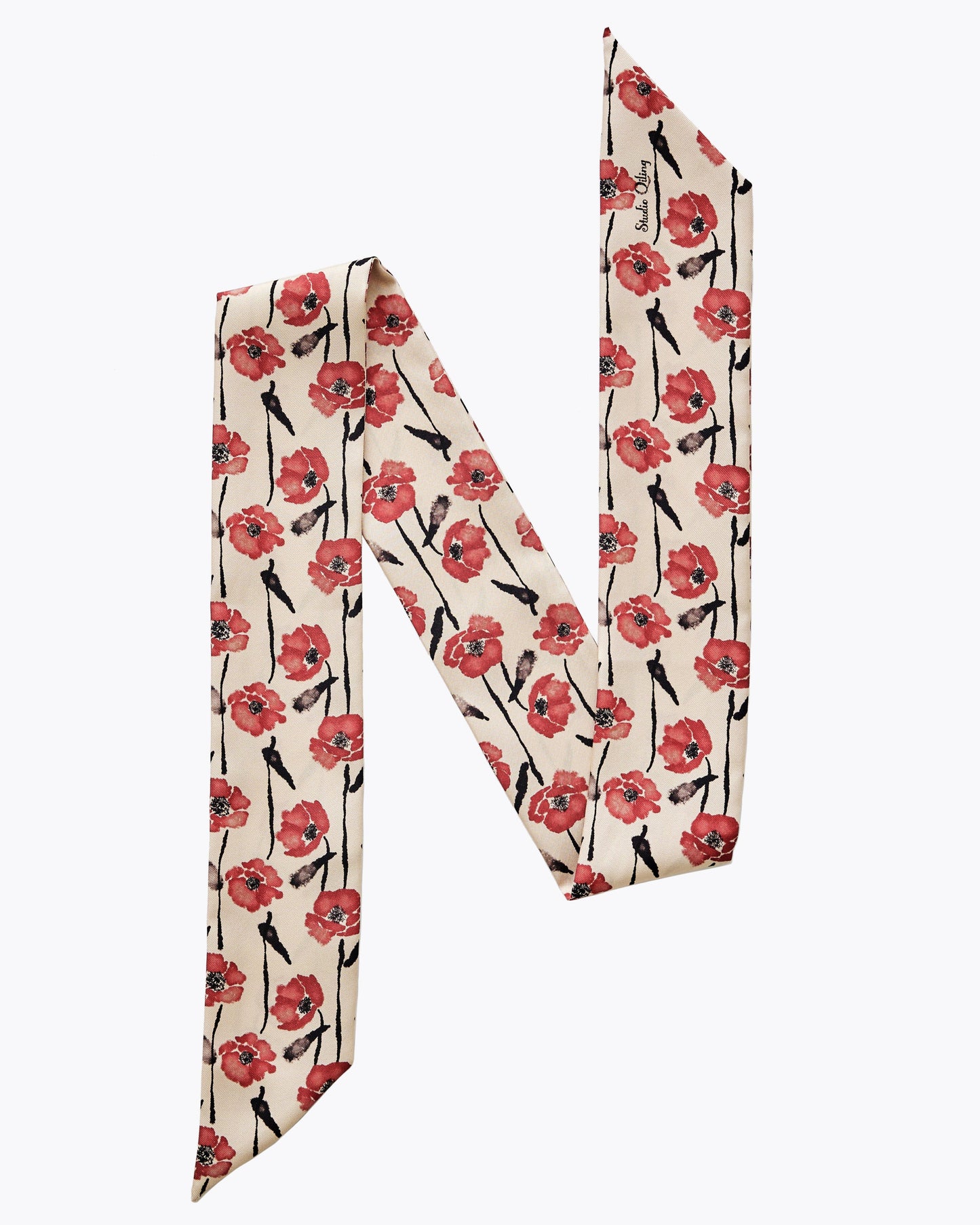 Dancing Poppies Mod silk bandeau laid flat — Studio Qiling hand-drawn poppy print luxury silk hair accessory Singapore