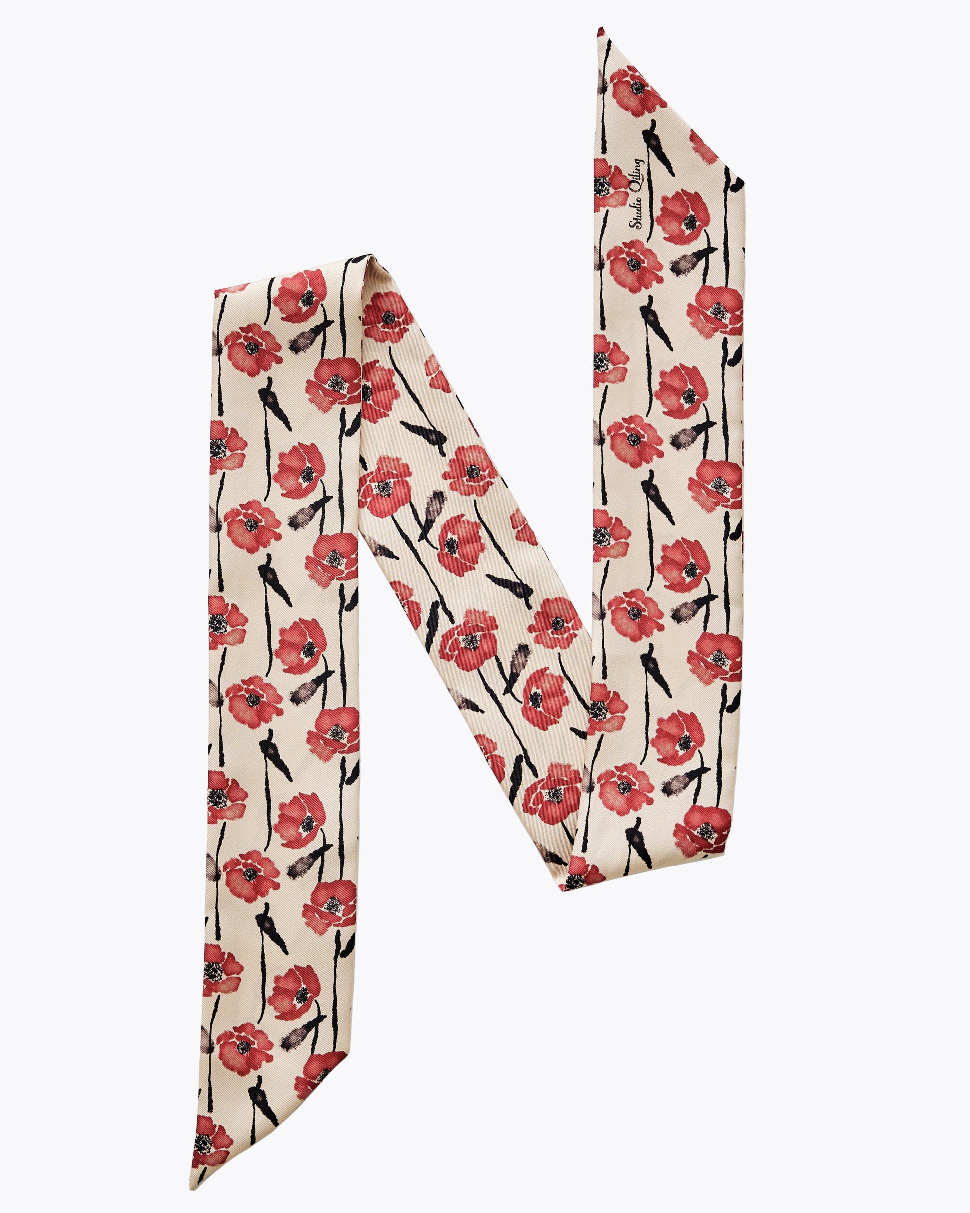 Dancing Poppies Mod silk bandeau laid flat — Studio Qiling hand-drawn poppy print luxury silk hair accessory Singapore