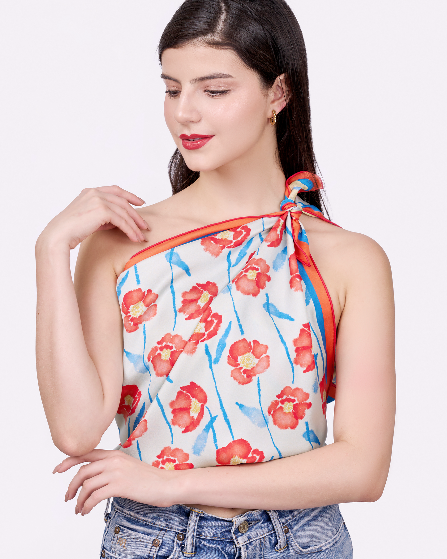 Woman wearing Dancing Poppies Summer Mist reversible silk scarf as a neck wrap — Studio Qiling hand-drawn floral luxury scarf