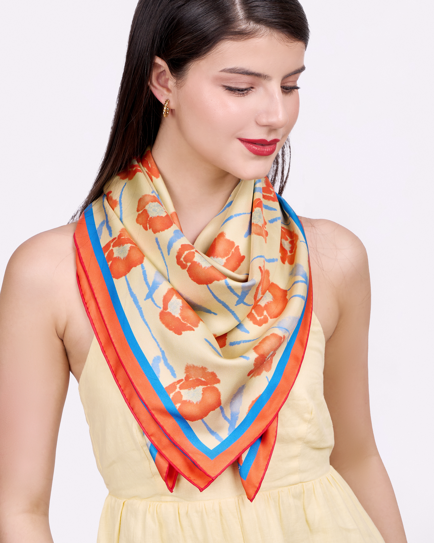 Dancing Poppies Summer Mist double-sided silk scarf styled as a top — Studio Qiling wearable art luxury scarf Singapore