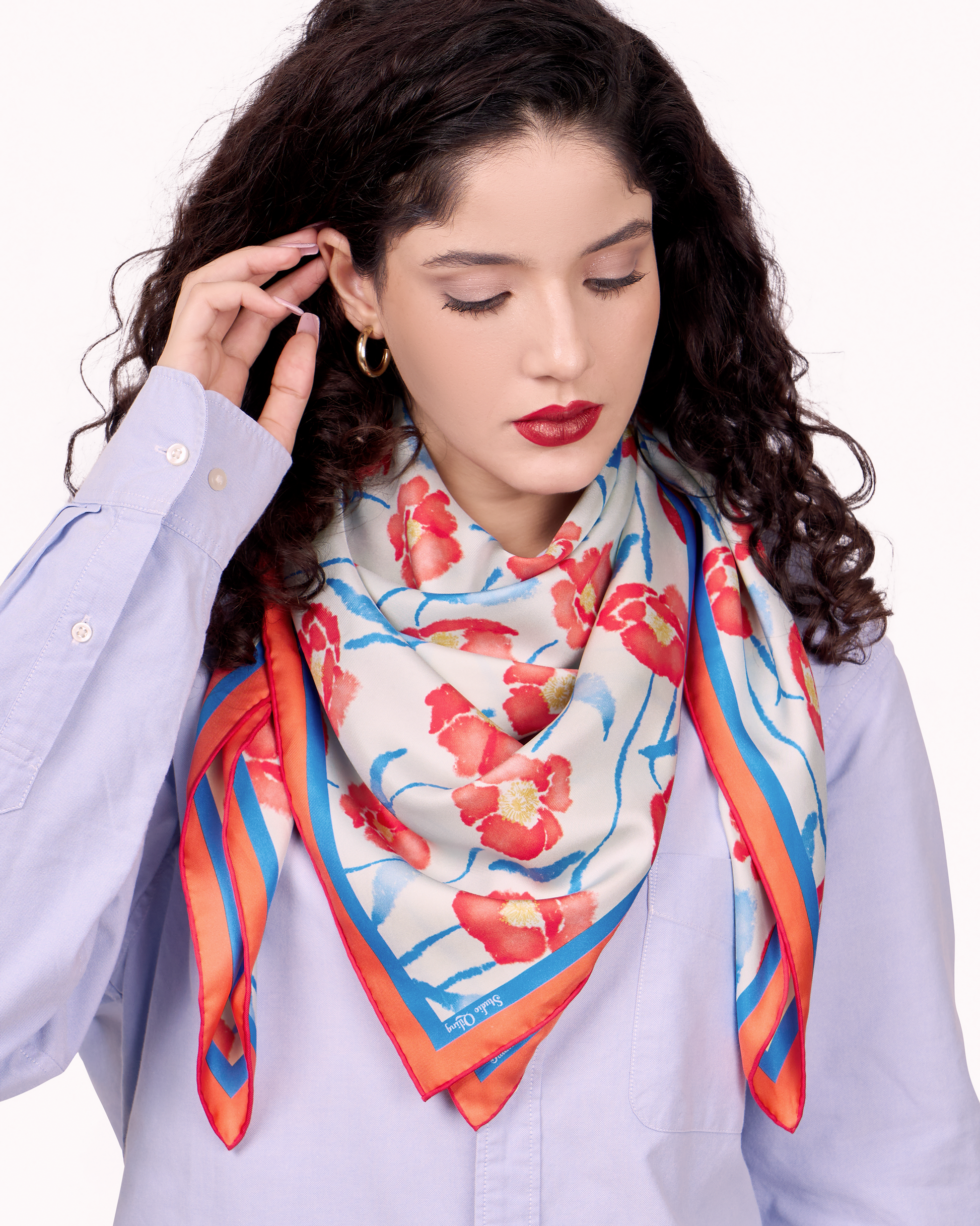 Dancing Poppies Summer Mist silk scarf styled as a headscarf — Studio Qiling hand-drawn poppy print luxury scarf Singapore