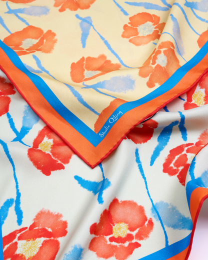 Dancing Poppies Summer Mist reversible silk scarf laid flat showing both sides — Studio Qiling double-sided luxury scarf Singapore