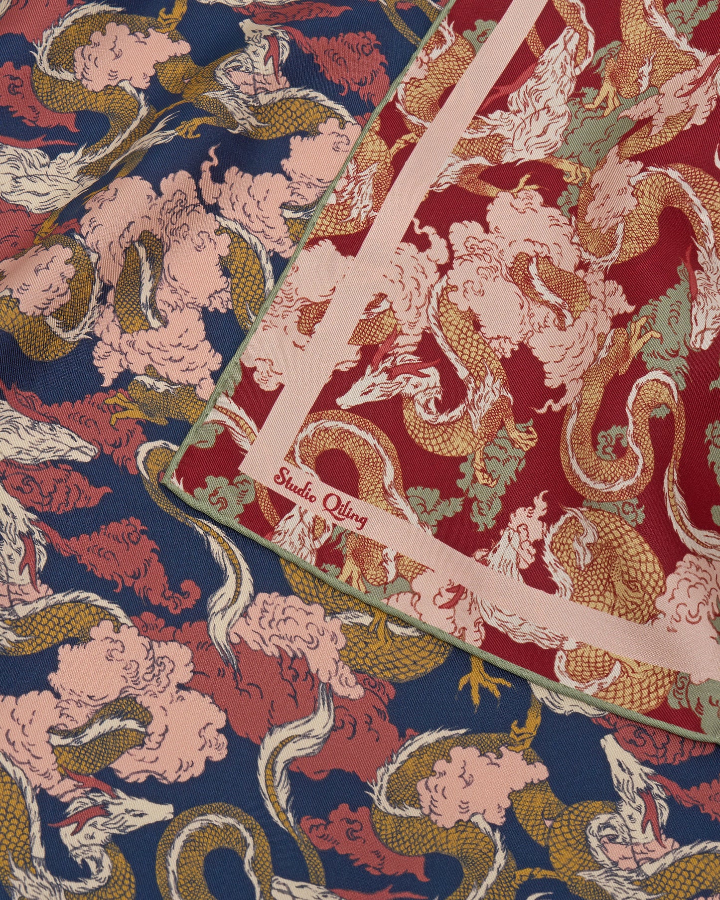 Dragon Scarlet Indigo Double Side Silk Scarf 65