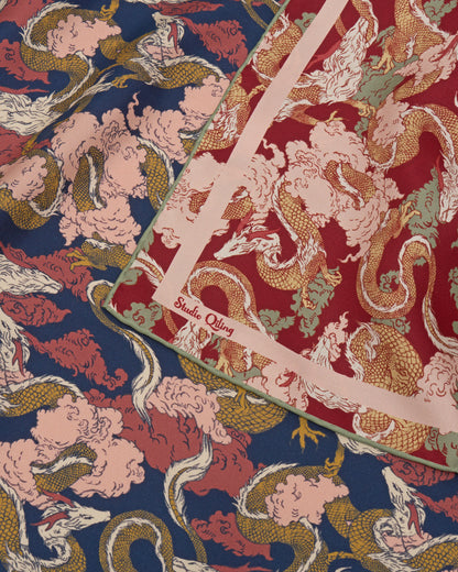 Dragon Scarlet Indigo Double Side Silk Scarf 65