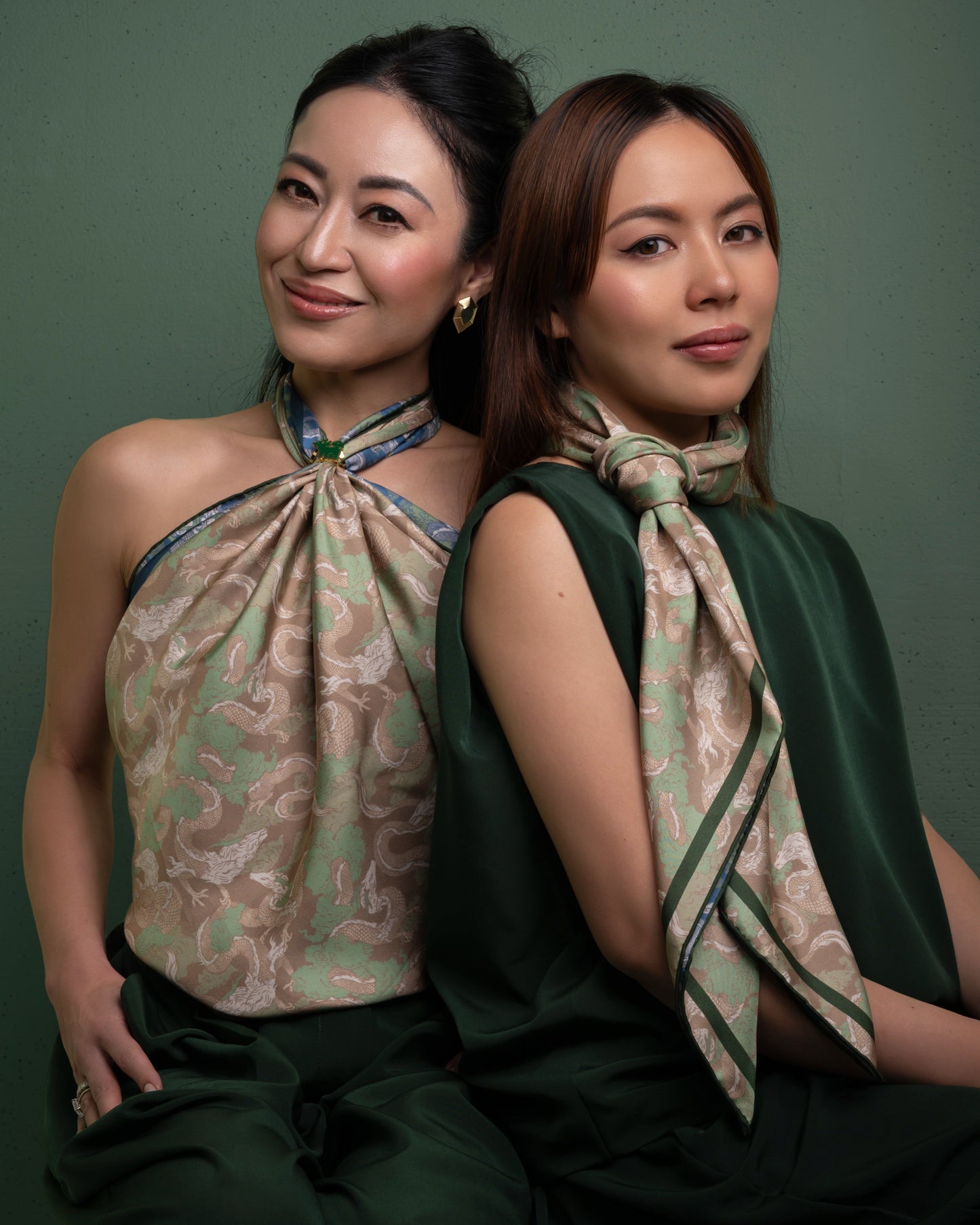 Dragon Blue Jade double-sided 100cm silk scarf styled as a halter top and neck wrap — Studio Qiling hand-drawn dragon luxury wearable art Singapore